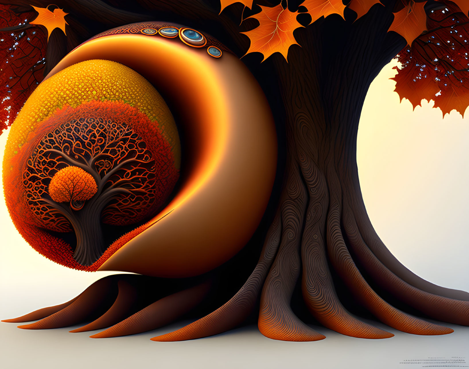 Surreal orange and brown tree with textured trunk and intricate branches