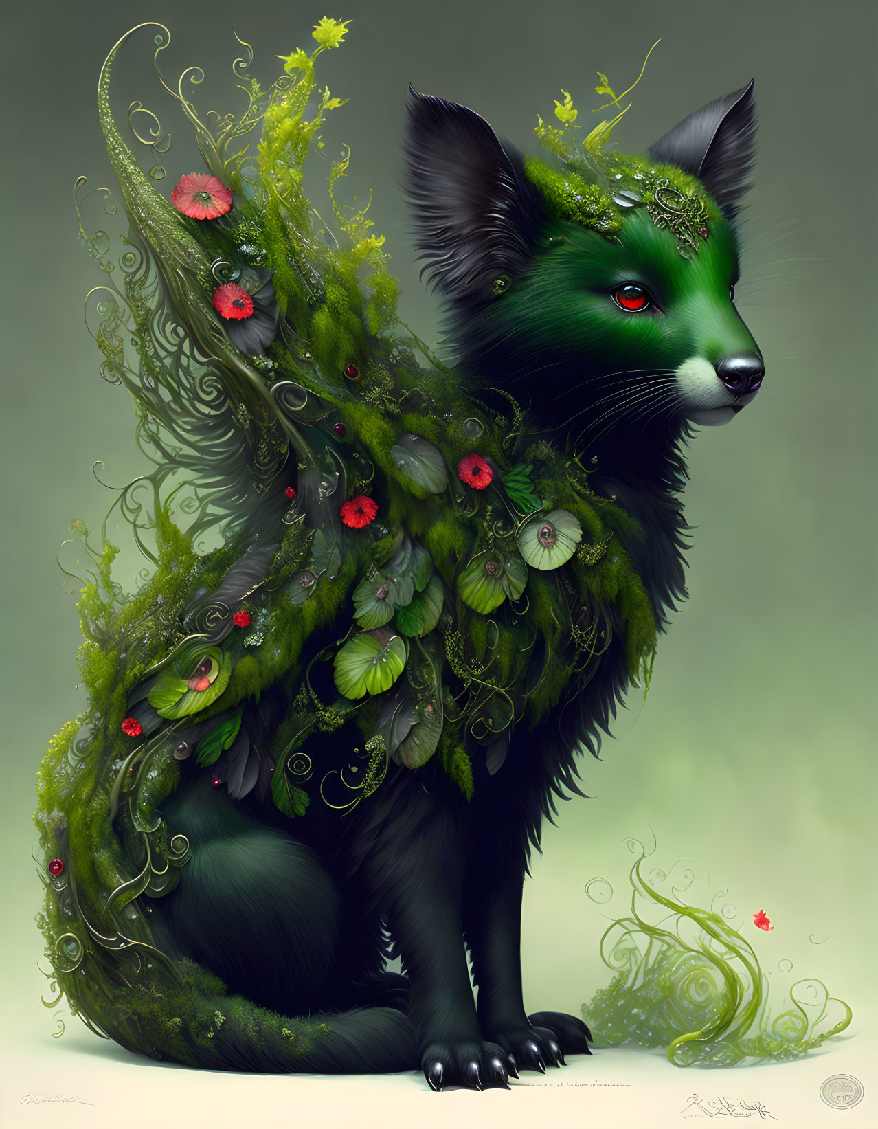 Mystical black fox surrounded by green foliage and flowers