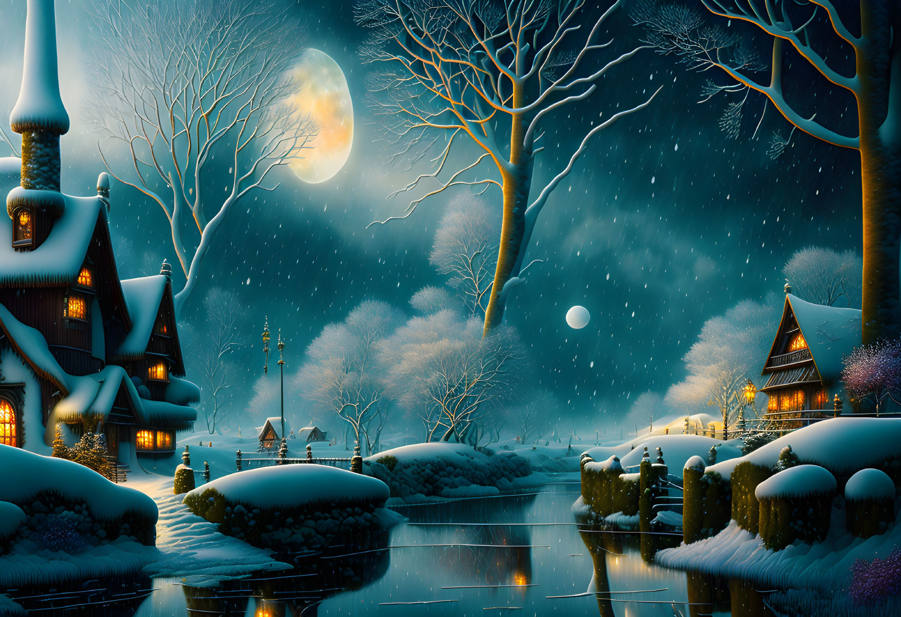 Snow-covered houses and full moon in tranquil winter scene