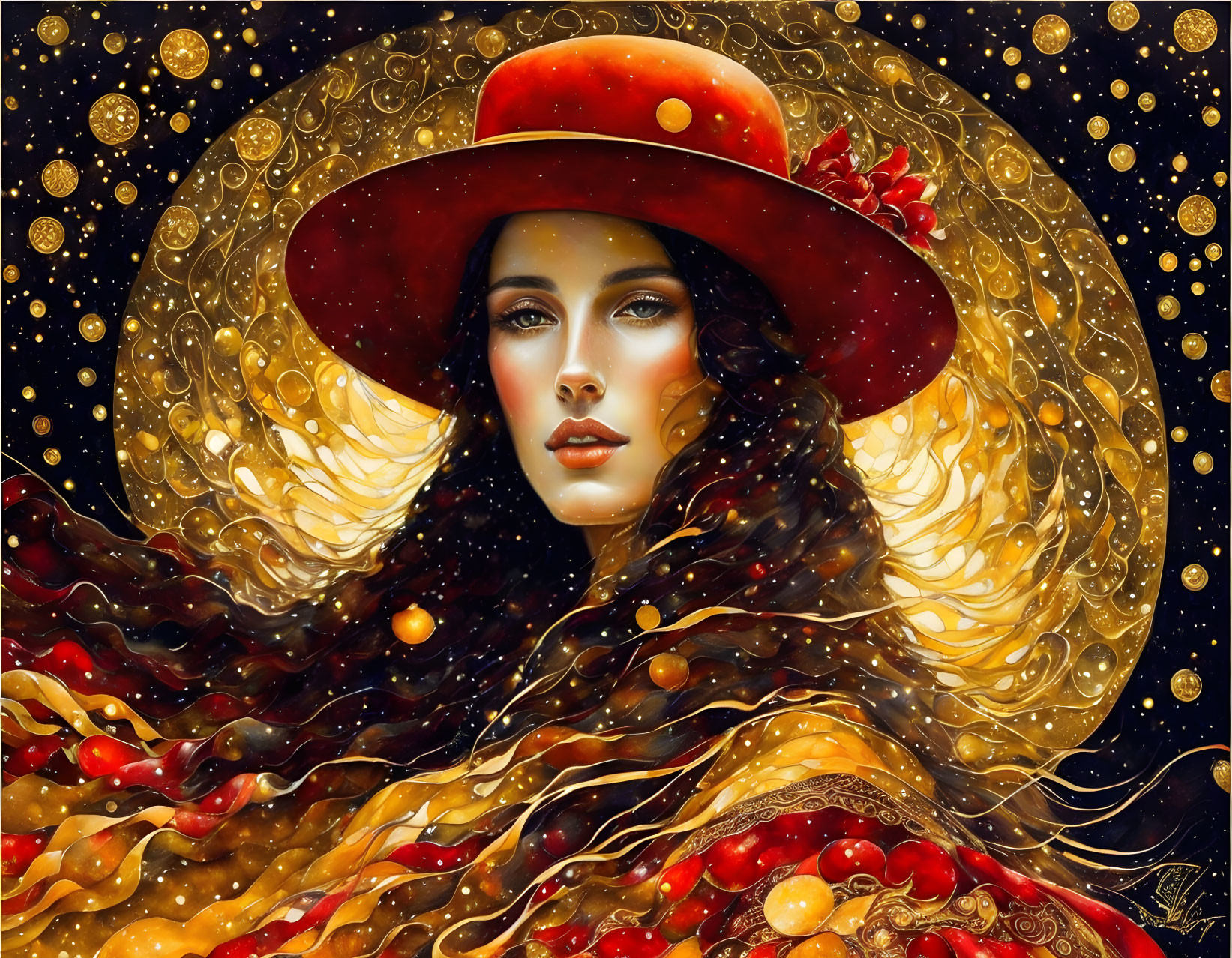 Detailed Illustration of Woman with Flowing Hair and Fruit-Adorned Red Hat