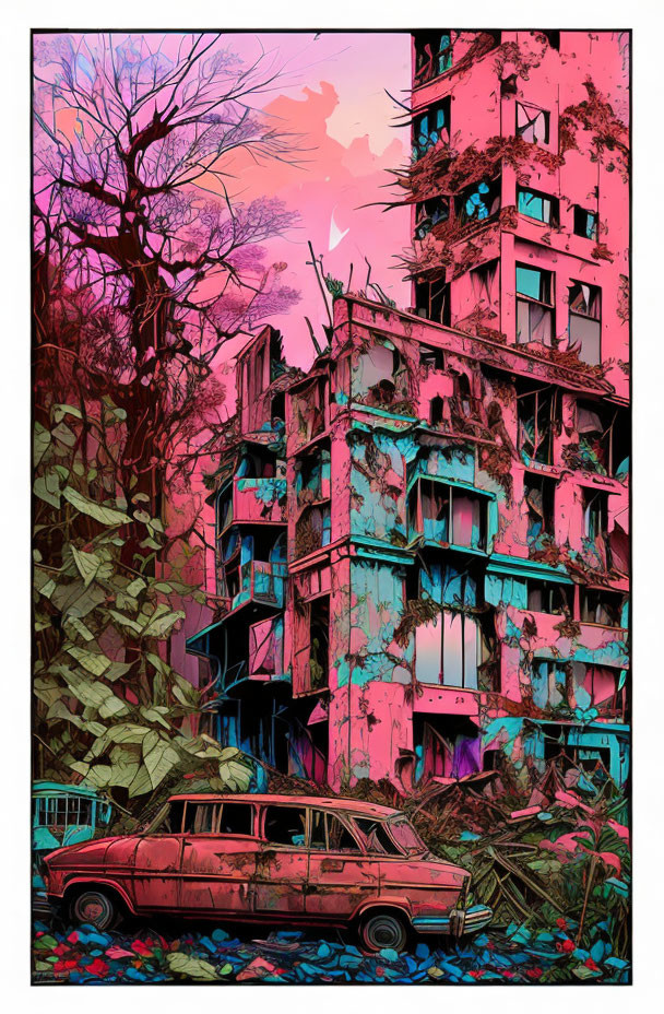 Post-apocalyptic illustration: damaged buildings, overgrown vegetation, classic car, pink sky