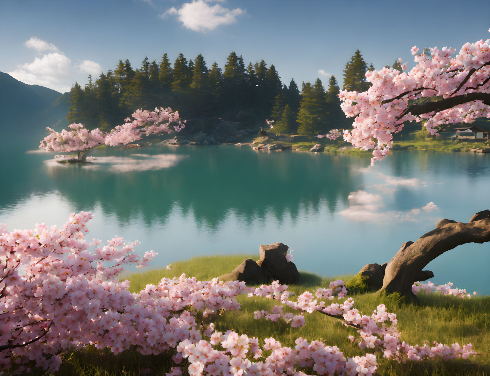 Tranquil Lake Scene with Cherry Blossoms and Green Trees