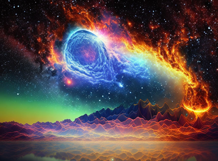 Colorful cosmic scene with swirling galaxy over neon-lit mountains