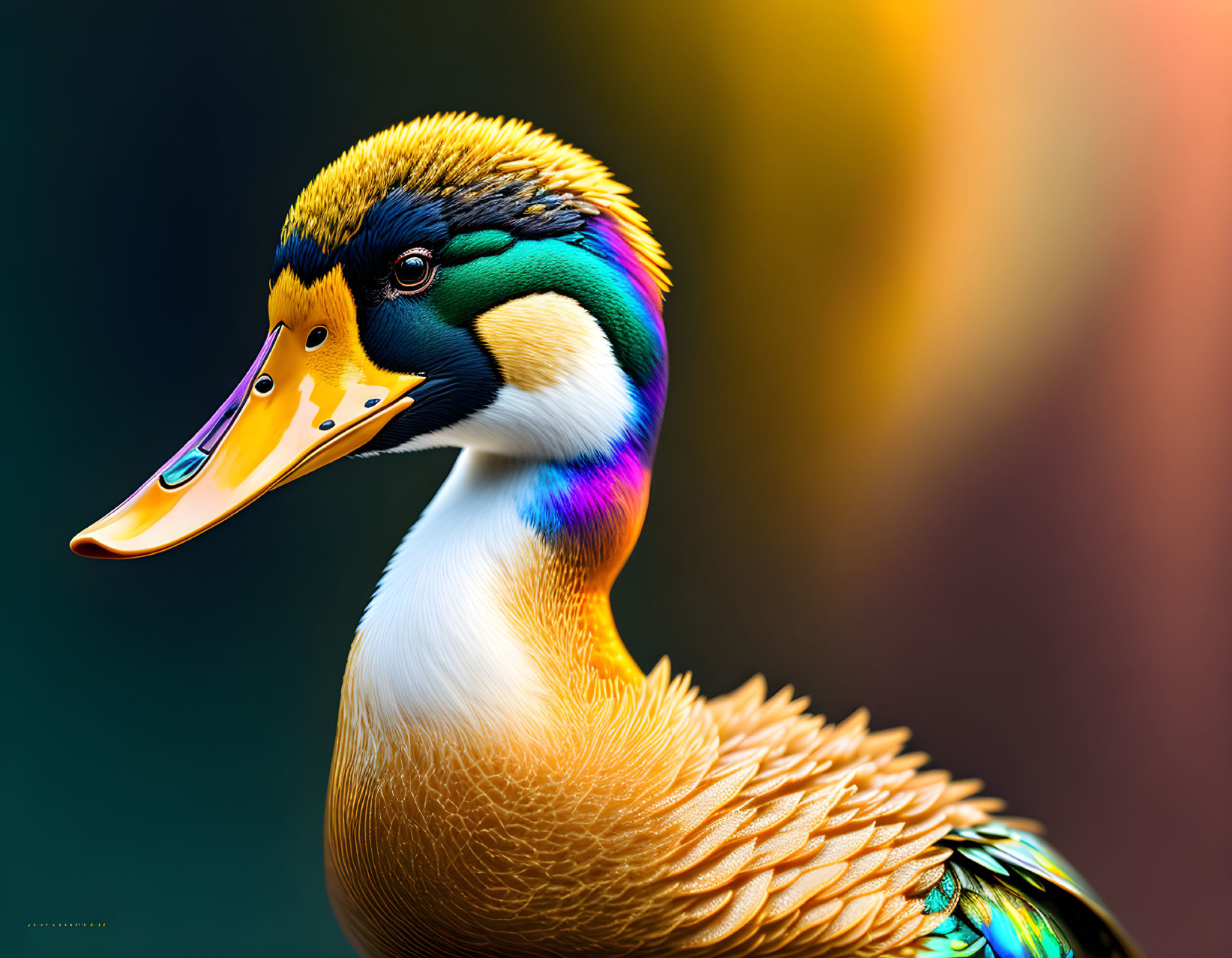 Colorful Duck with Vibrant Feathers in Gold, Green, Blue, and Orange