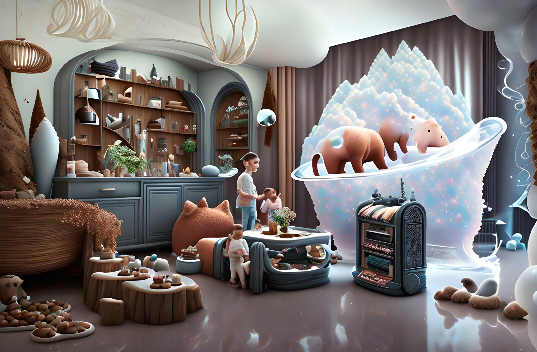 Whimsical room with oversized fantasy elements and surreal decor