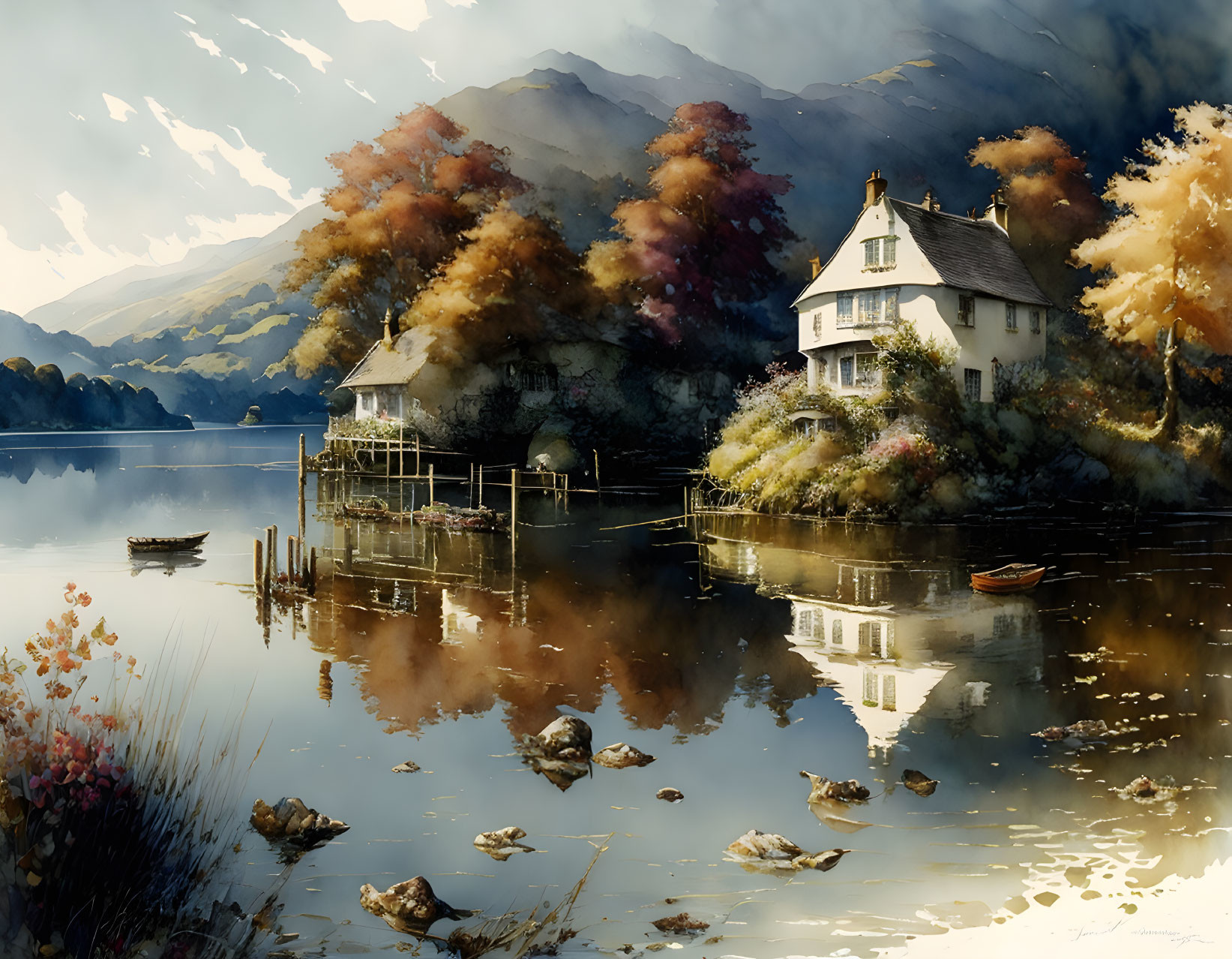 Autumnal lakeside scene with white house, boat, and mountains