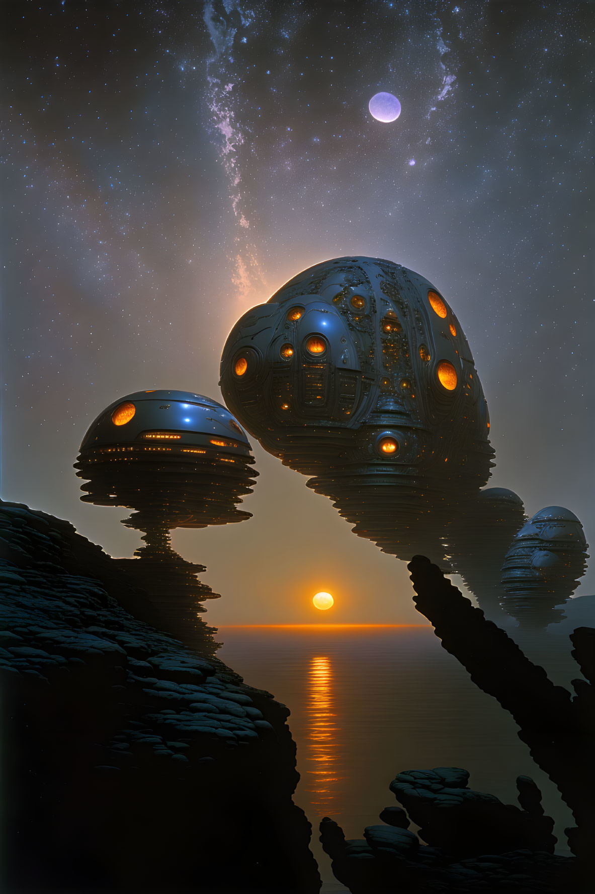 Futuristic spherical structures on rocky terrain under starry sky