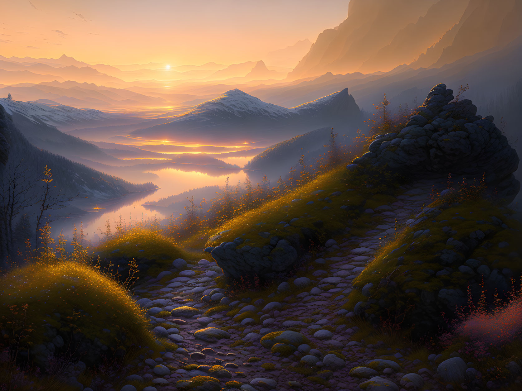 Mountainous landscape sunset over river and cobblestone path