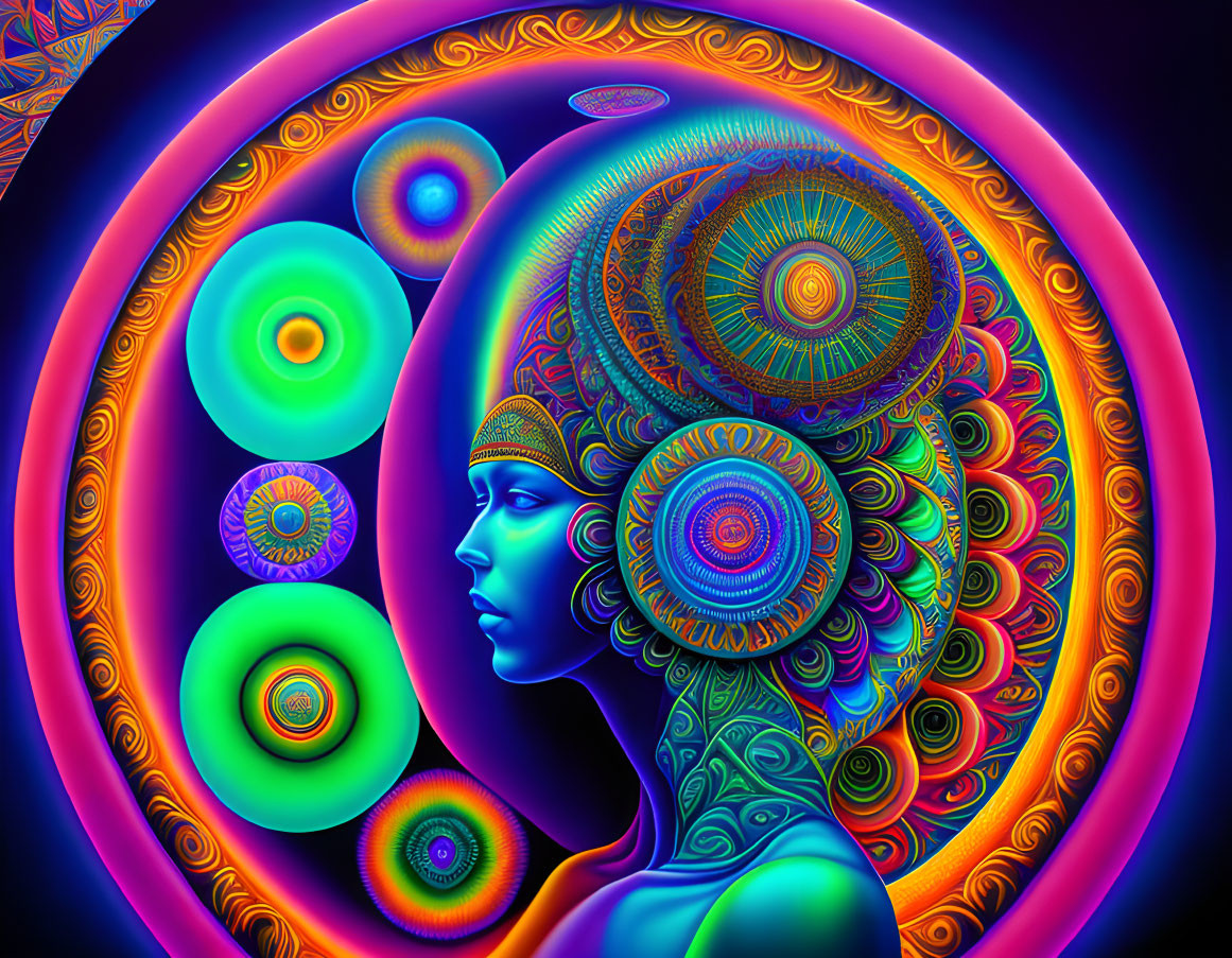 Colorful digital artwork: Woman's profile with psychedelic patterns & dream-like aura.