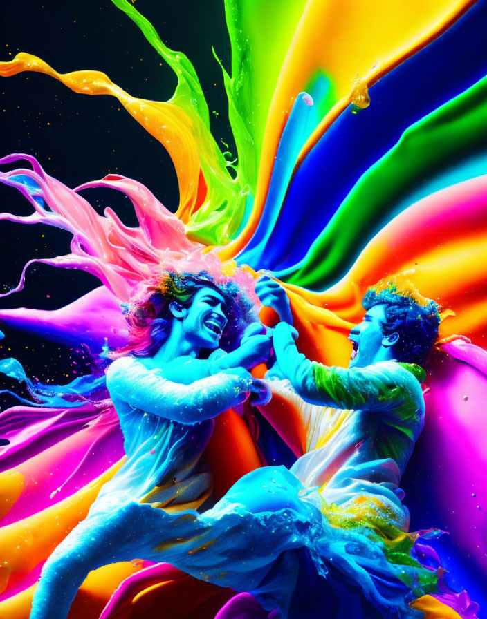 Colorful Paint Splashes on Dark Background with Joyful Interaction