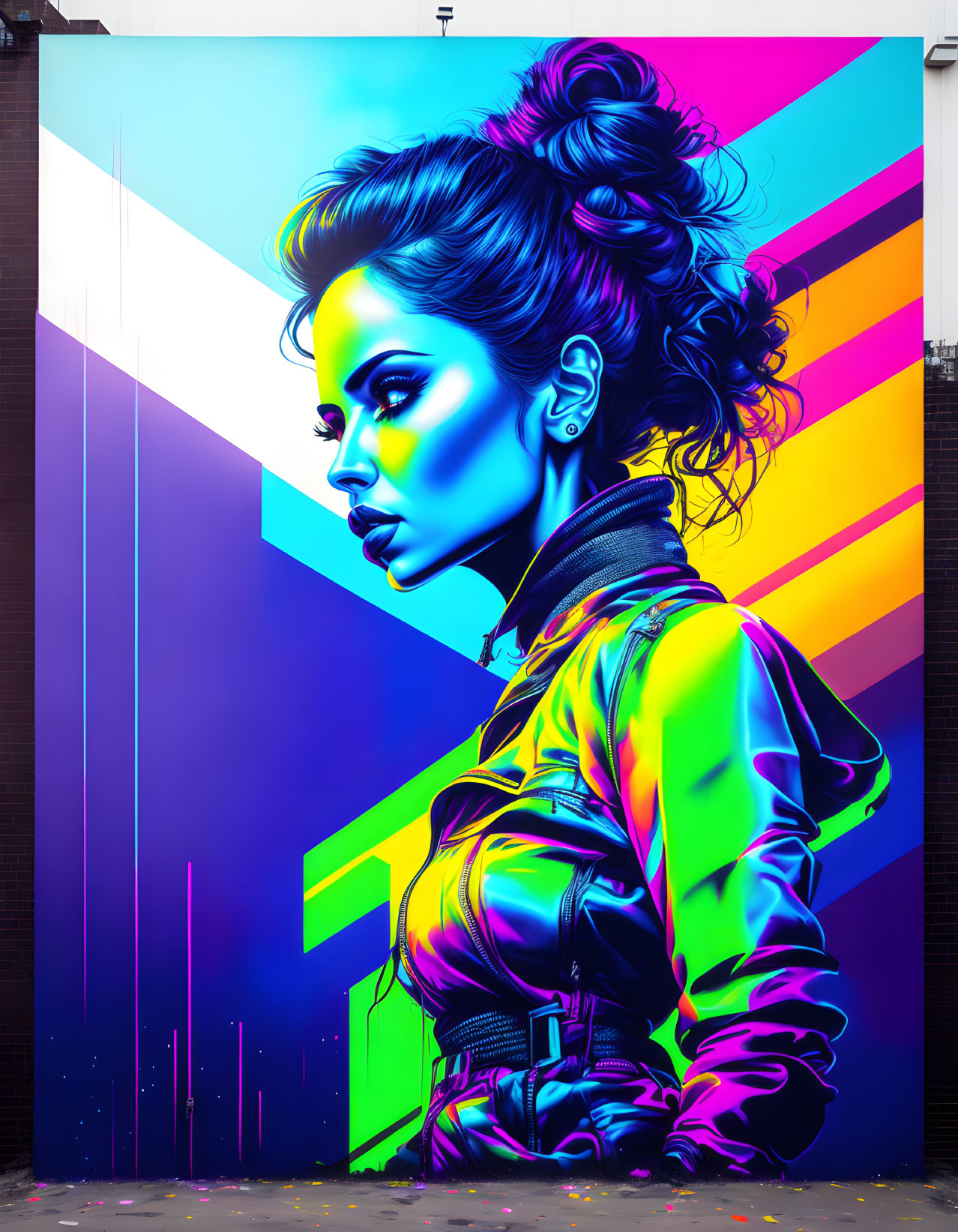 Colorful mural featuring stylized woman with bun in neon colors on geometric background.