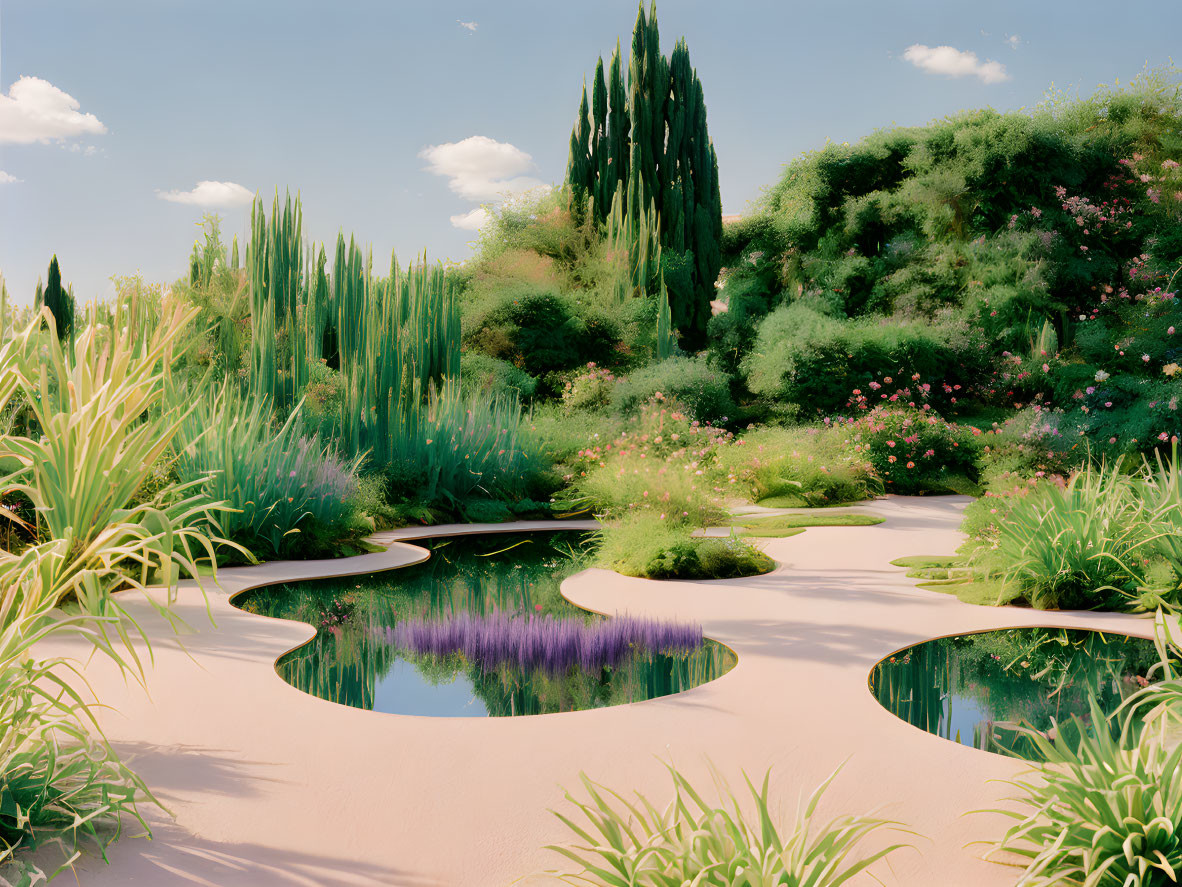 Tranquil garden with cypress trees, waterways, and vibrant plants