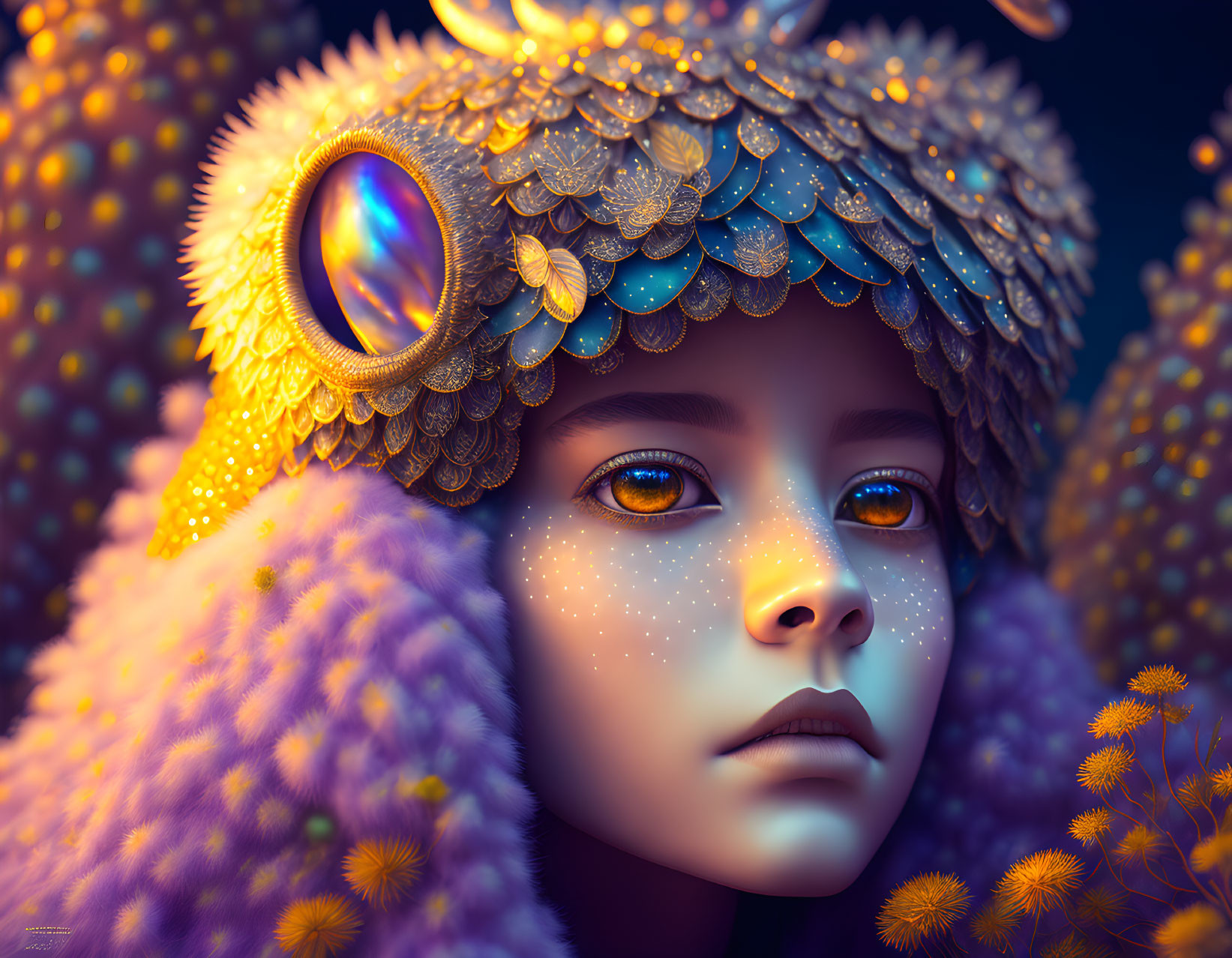 Digital portrait: person with luminous blue eyes, golden bejeweled headdress, purple cloak