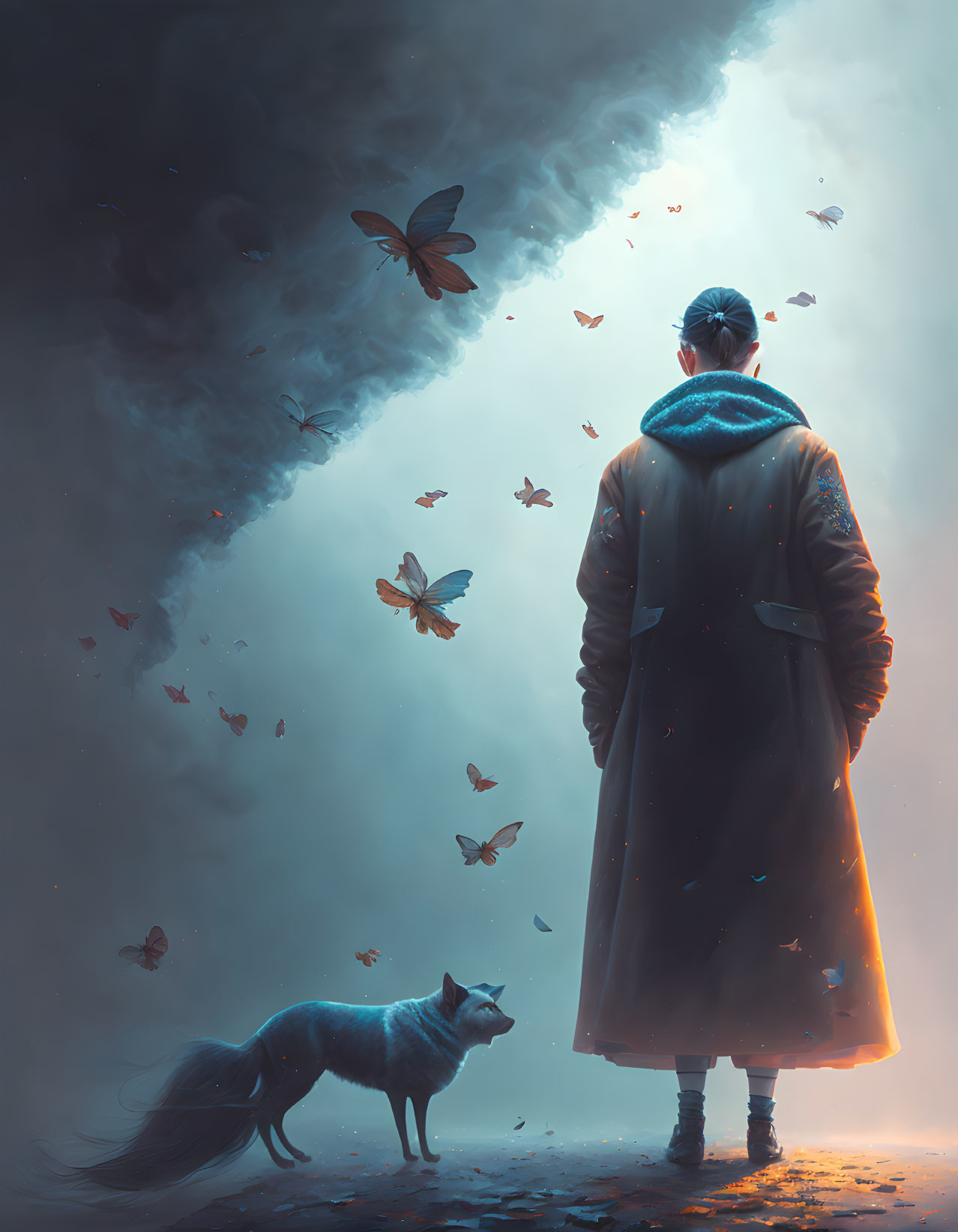 Person in winter coat with glowing blue fox observing butterflies in contrasting light.