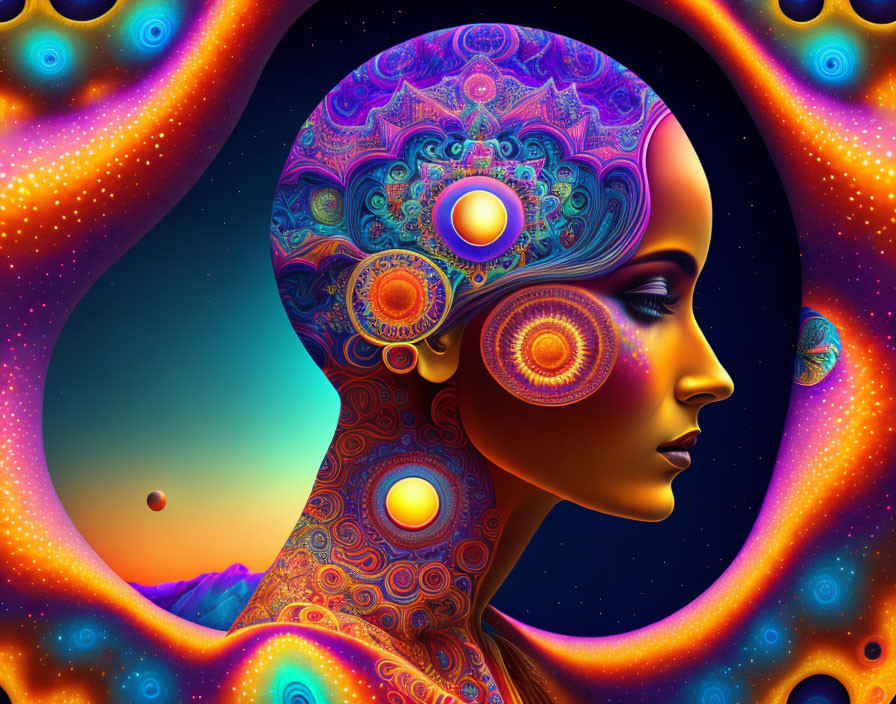 Colorful Woman Illustration with Psychedelic Patterns and Cosmic Elements