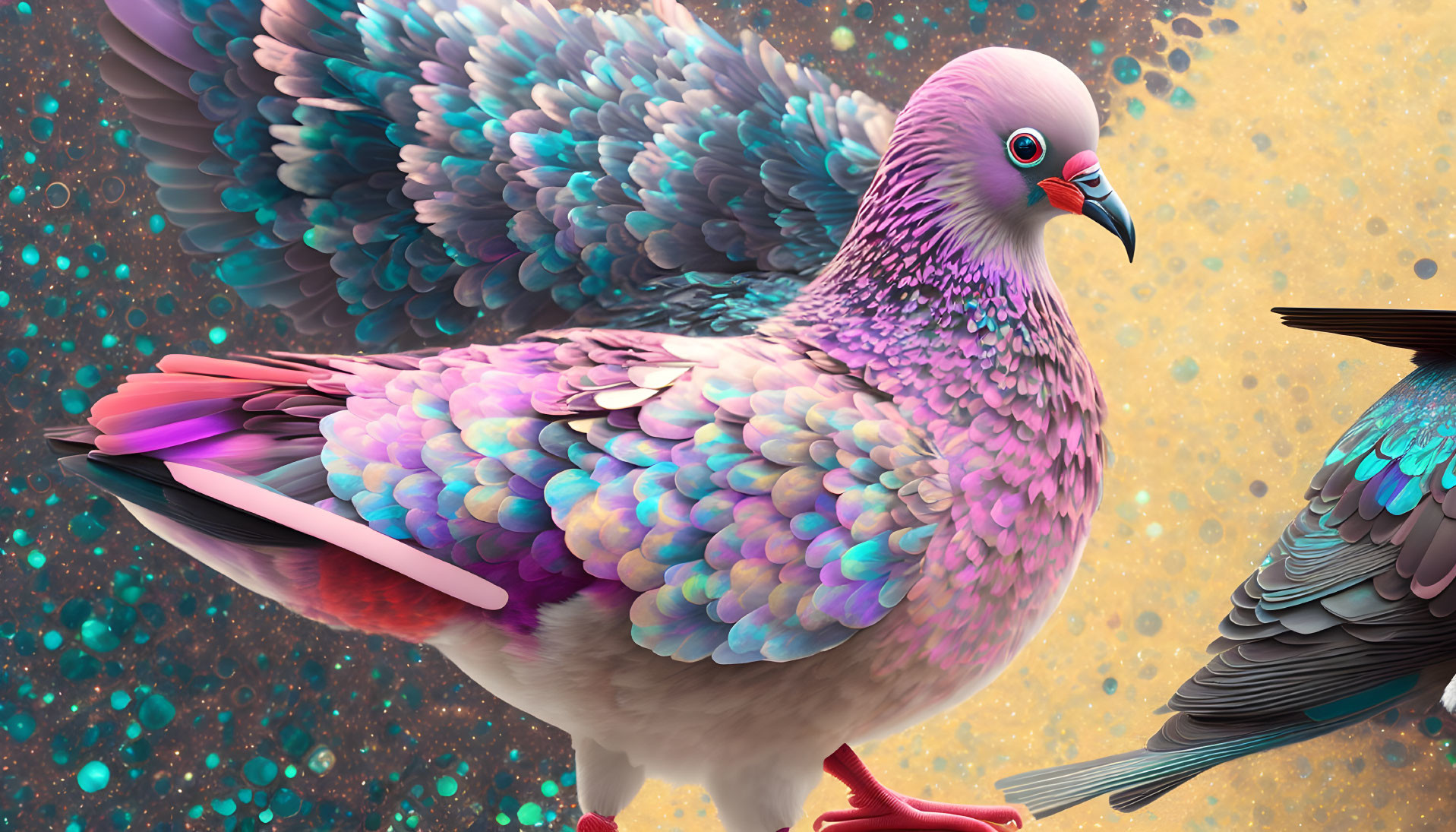 Colorful Pigeon Illustration with Rainbow Plumage on Golden Background