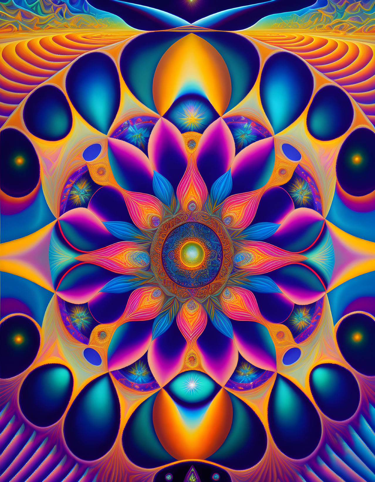 Colorful Symmetrical Mandala Art with Blues, Purples, Oranges, and Yell