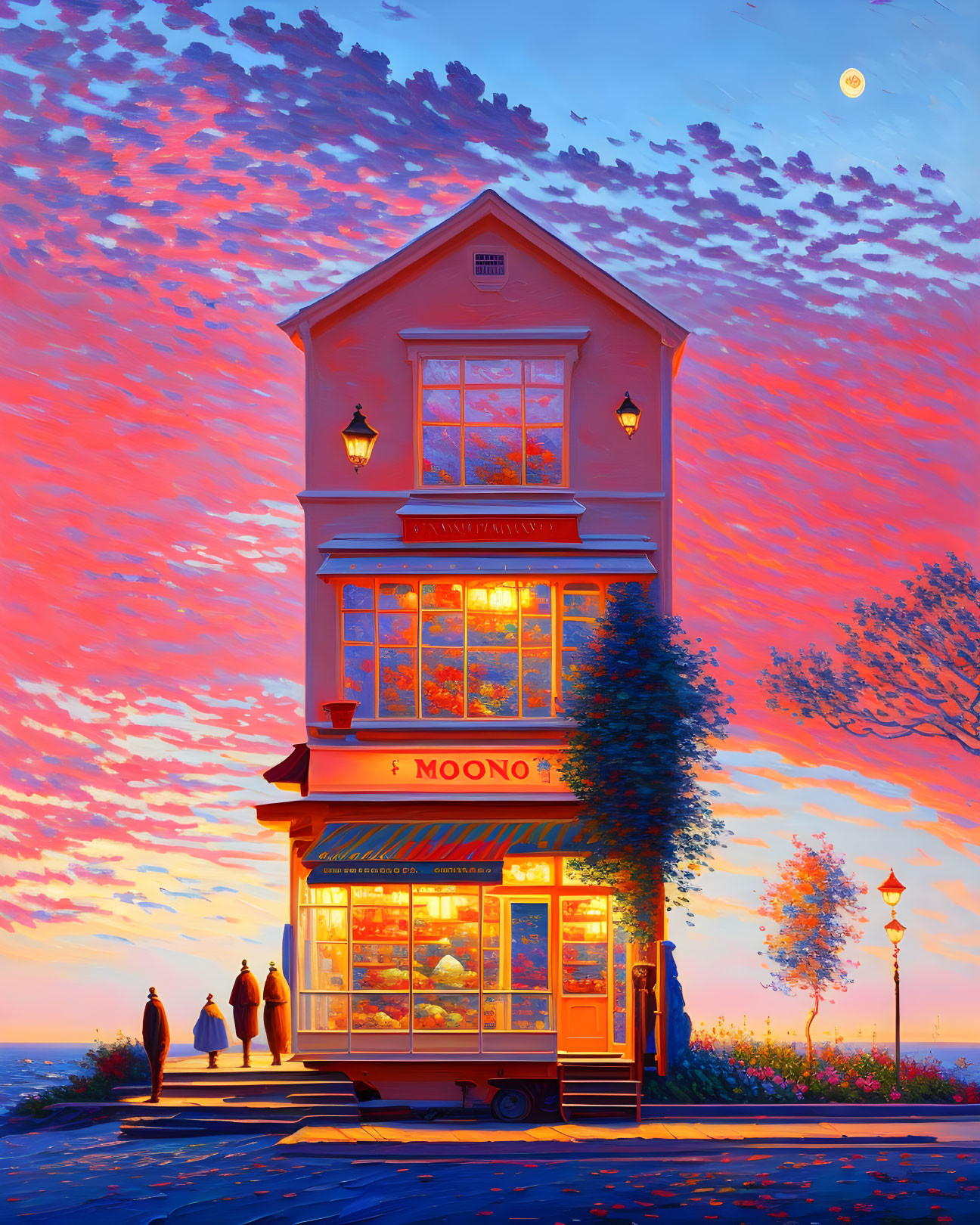 Vibrant painting of three-story building with bakery under sunset sky