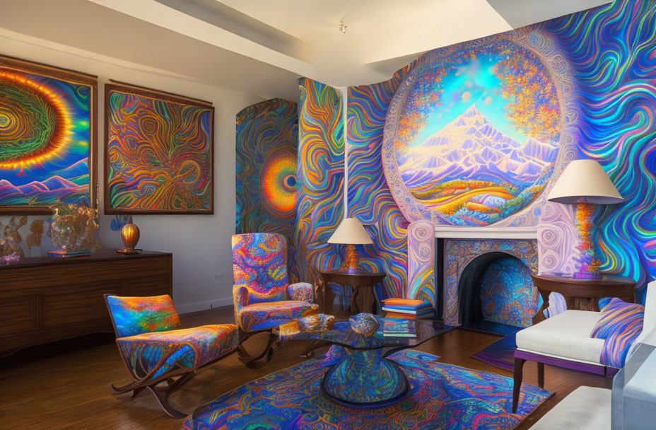 Colorful Psychedelic Room with Circular Painting, Fireplace, and Unique Lamps