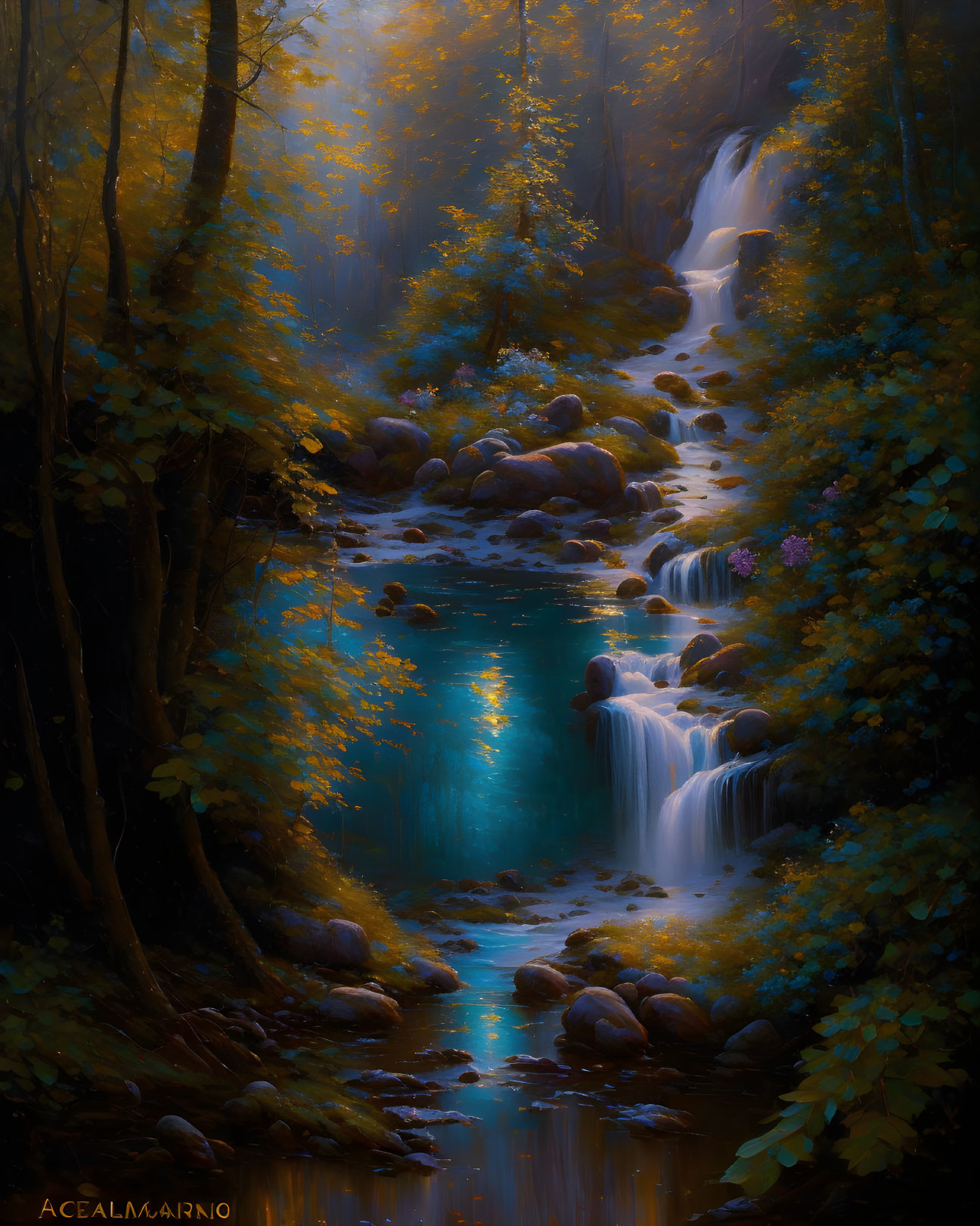 Tranquil forest scene: cascading waterfall, golden light, vibrant blue water