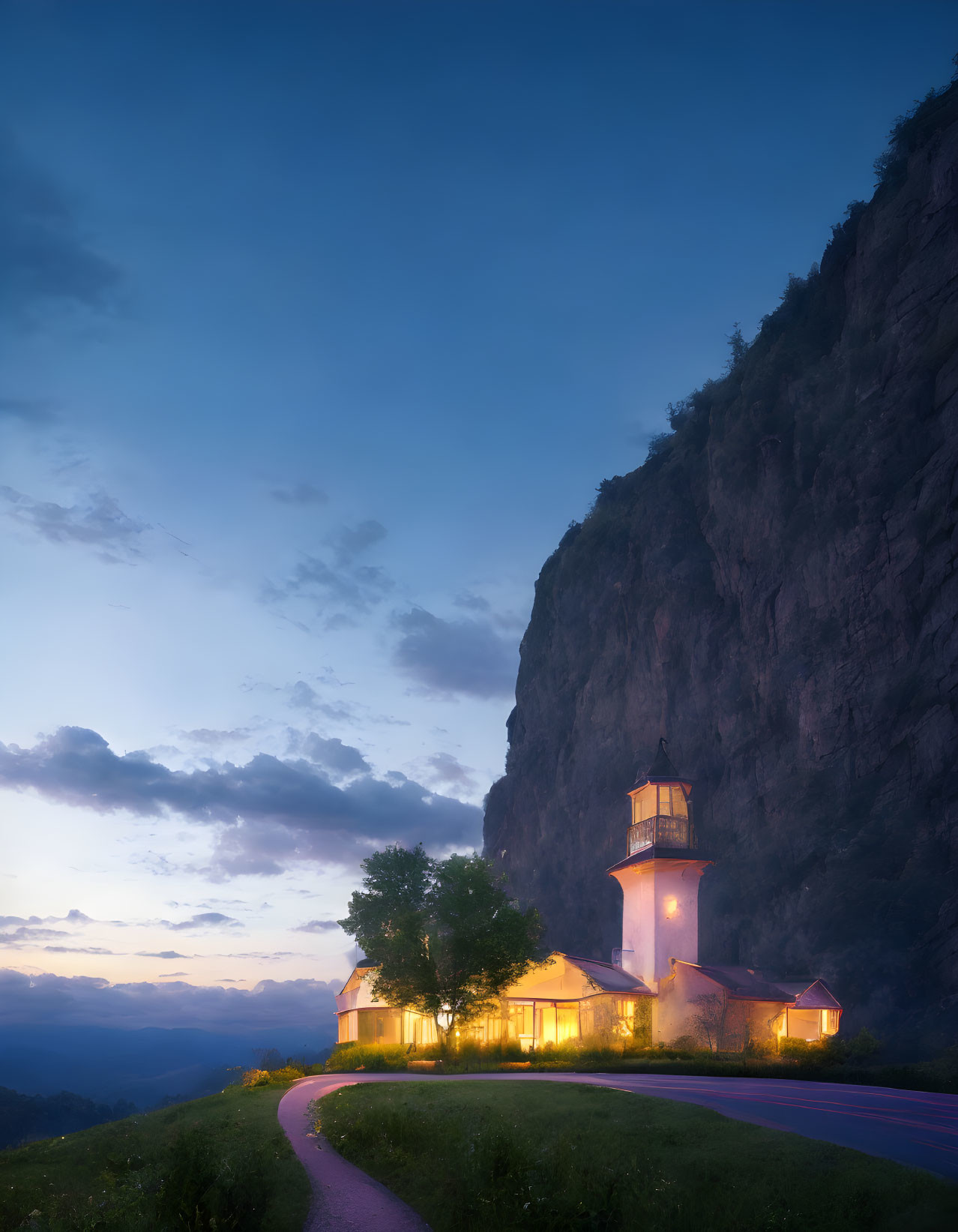 Cliff-top lighthouse at sunset with glowing lights and winding road