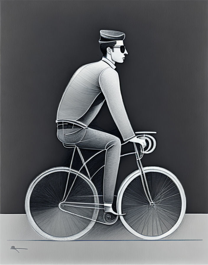 Monochrome illustration of a man on a bicycle with cap and sunglasses