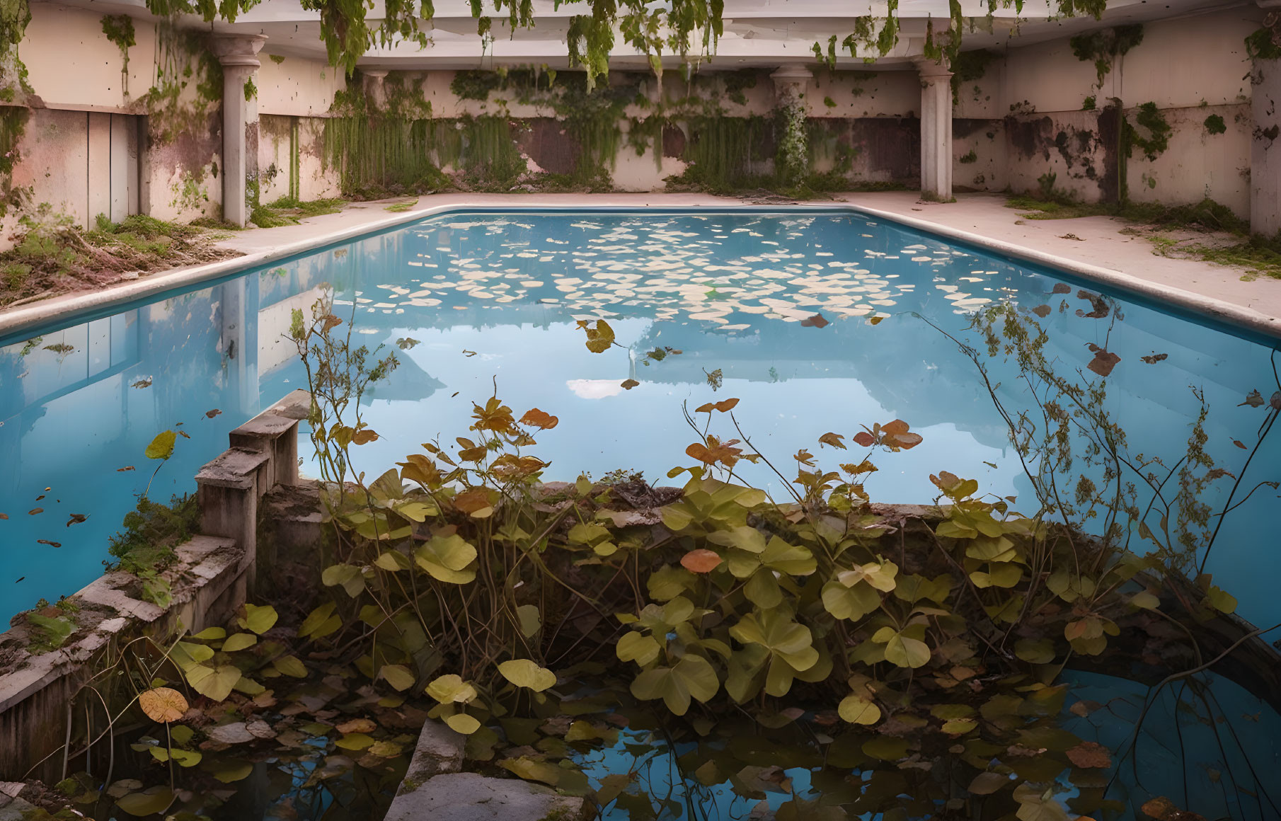 Desolate swimming pool with murky water and overgrown plants