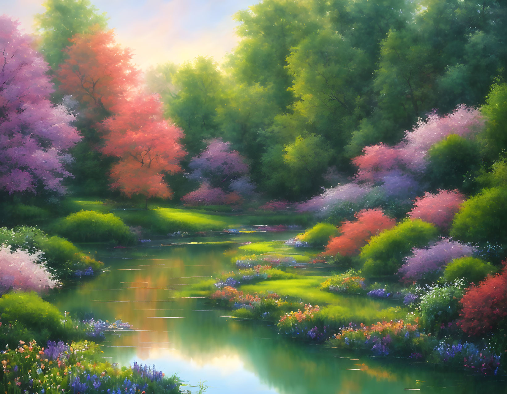 Tranquil river landscape with colorful blossoms at sunrise