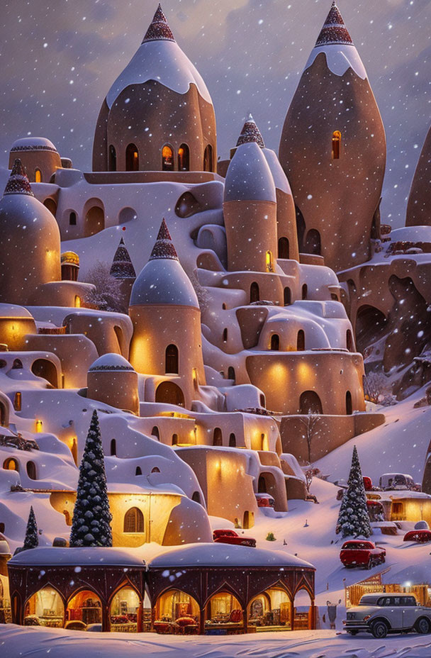 Snow-covered village with conical-roofed buildings, glowing windows, trees, and vehicles in gentle