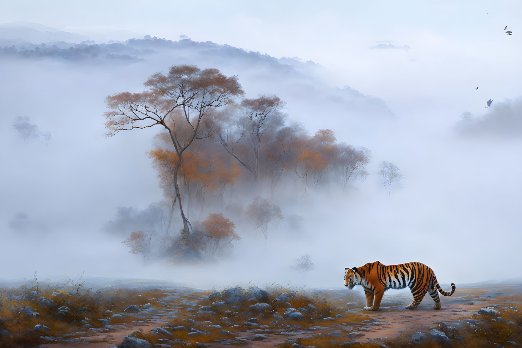 Majestic tiger in misty autumn landscape