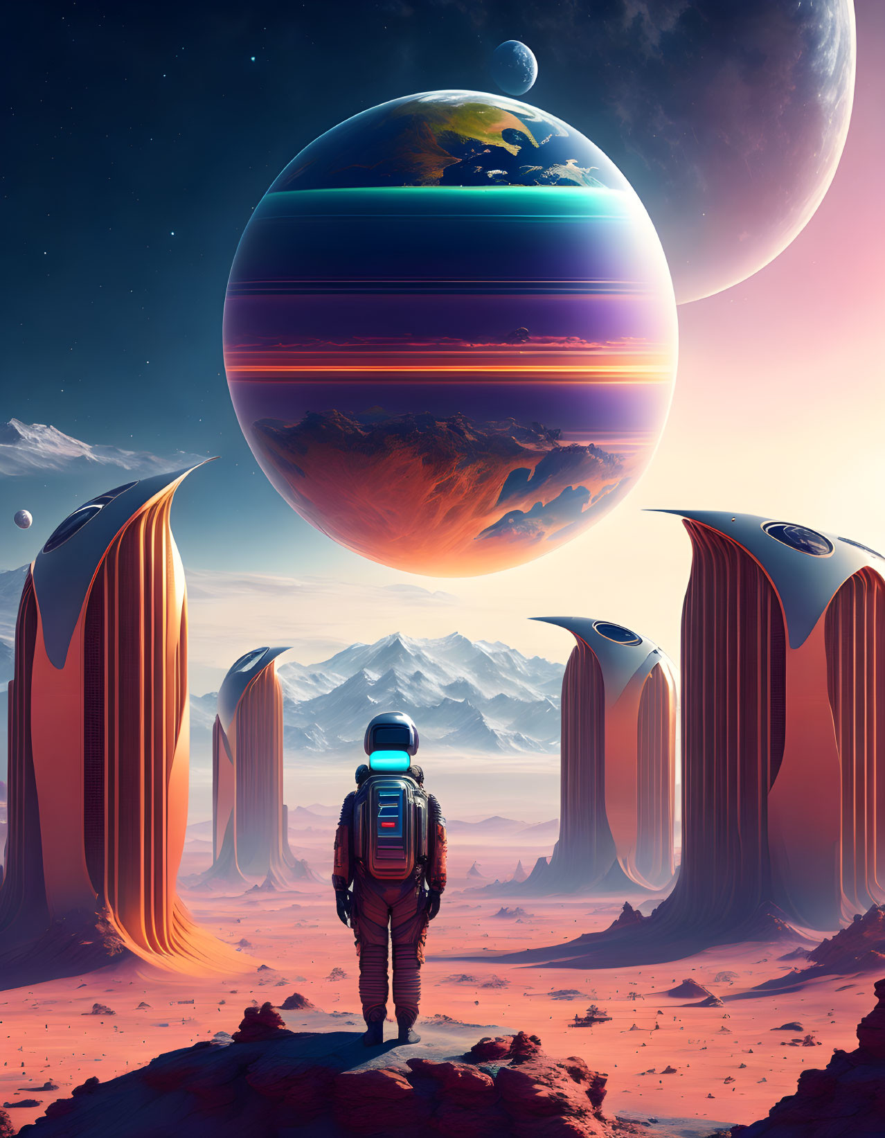 Astronaut on alien planet with ringed planets and surreal structures