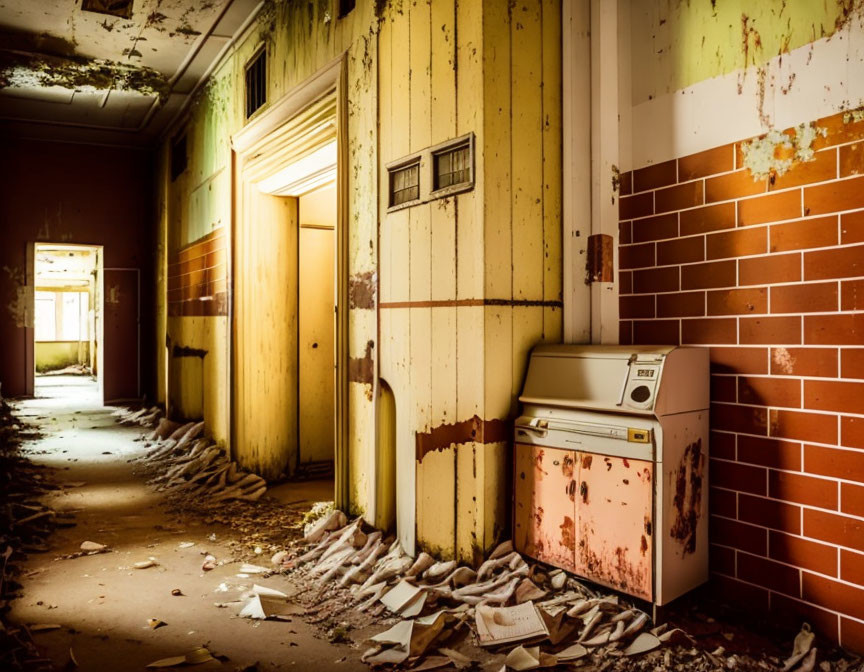 Abandoned room with peeling paint, rusted washing machine, and debris.