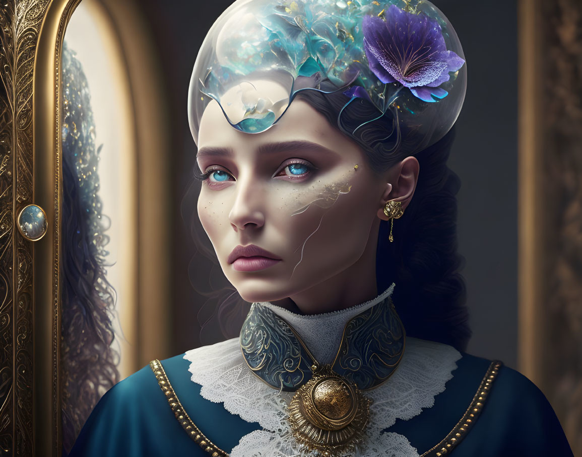 Surreal portrait of woman with transparent dome, flowers, liquid, golden earpiece, blue dress