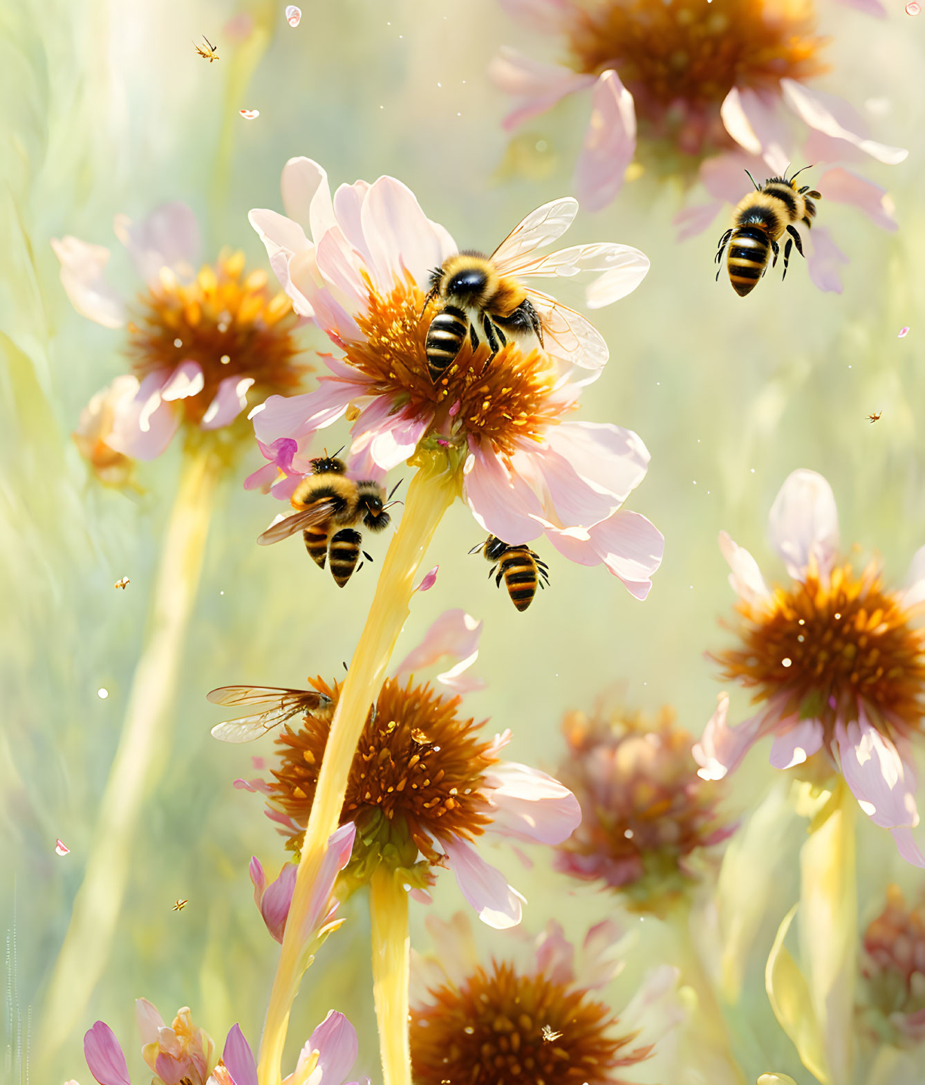 Vibrant flowers with hovering honeybees in sunlit scene