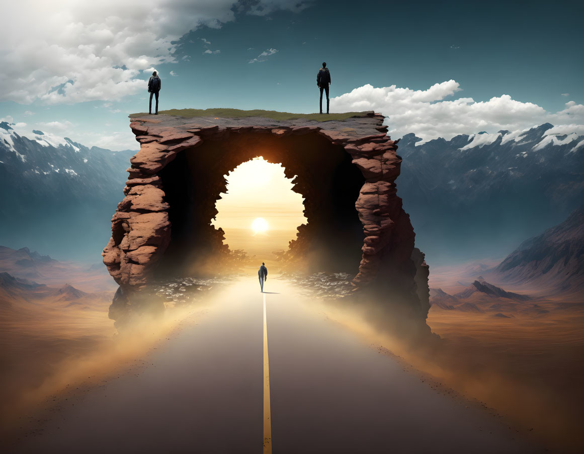 Surreal landscape with person walking towards bright doorway in rock arch