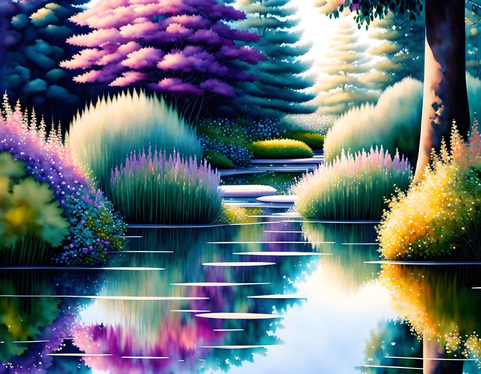 Colorful Blooming Garden Reflected in Twilight Pond