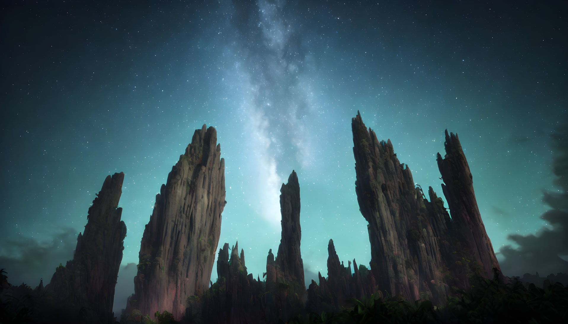 Starry Night Sky Over Majestic Rock Formations