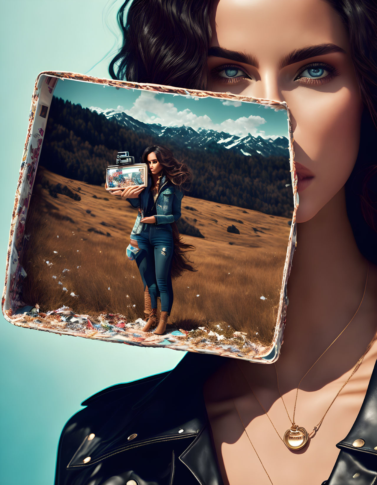 Surreal image of woman holding photo frame with dual scenes