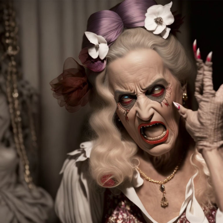 Elderly woman with exaggerated makeup and claws in shock, adorned with flowers and pearl necklace