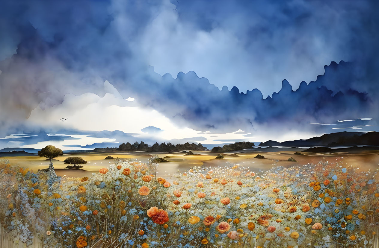 Vibrant wildflower field with stormy sky and silhouetted mountains