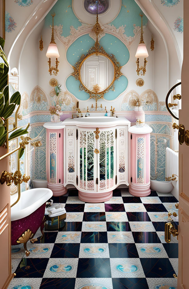 Elegant Bathroom with Pink Cabinetry, Checkerboard Floor, and Gold & Turquoise Details