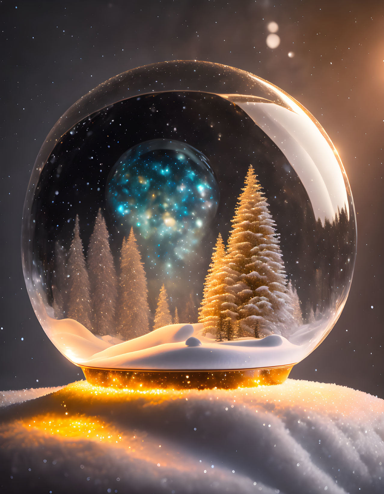 Snowy night sky scene in magical snow globe