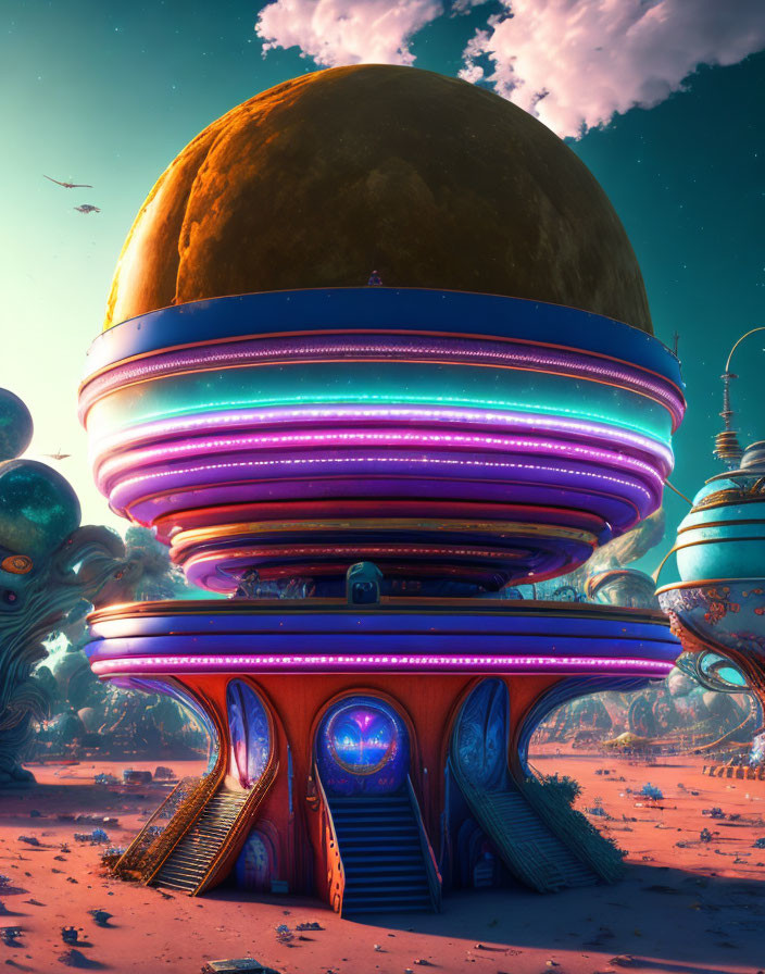 Colorful futuristic building under orange planet in vibrant sci-fi scene