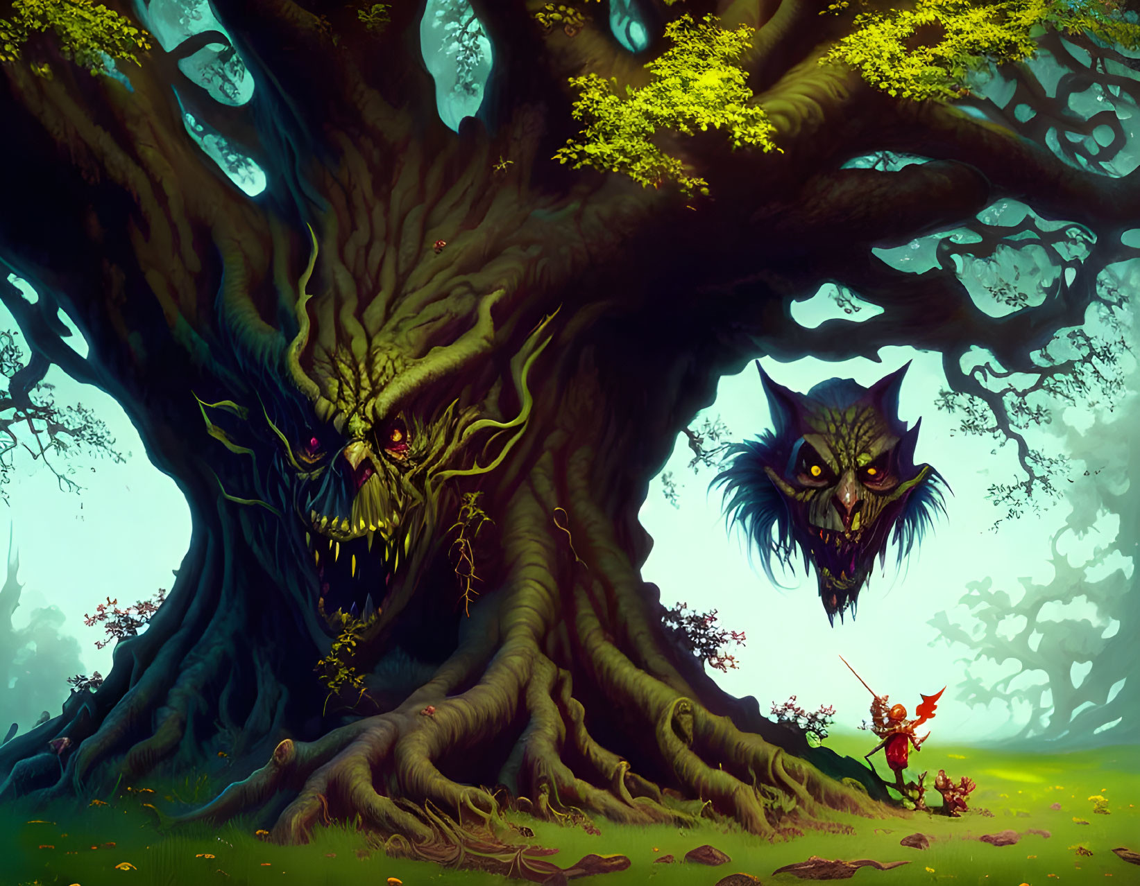 Enchanted forest with giant tree face, floating spirit, and red creature