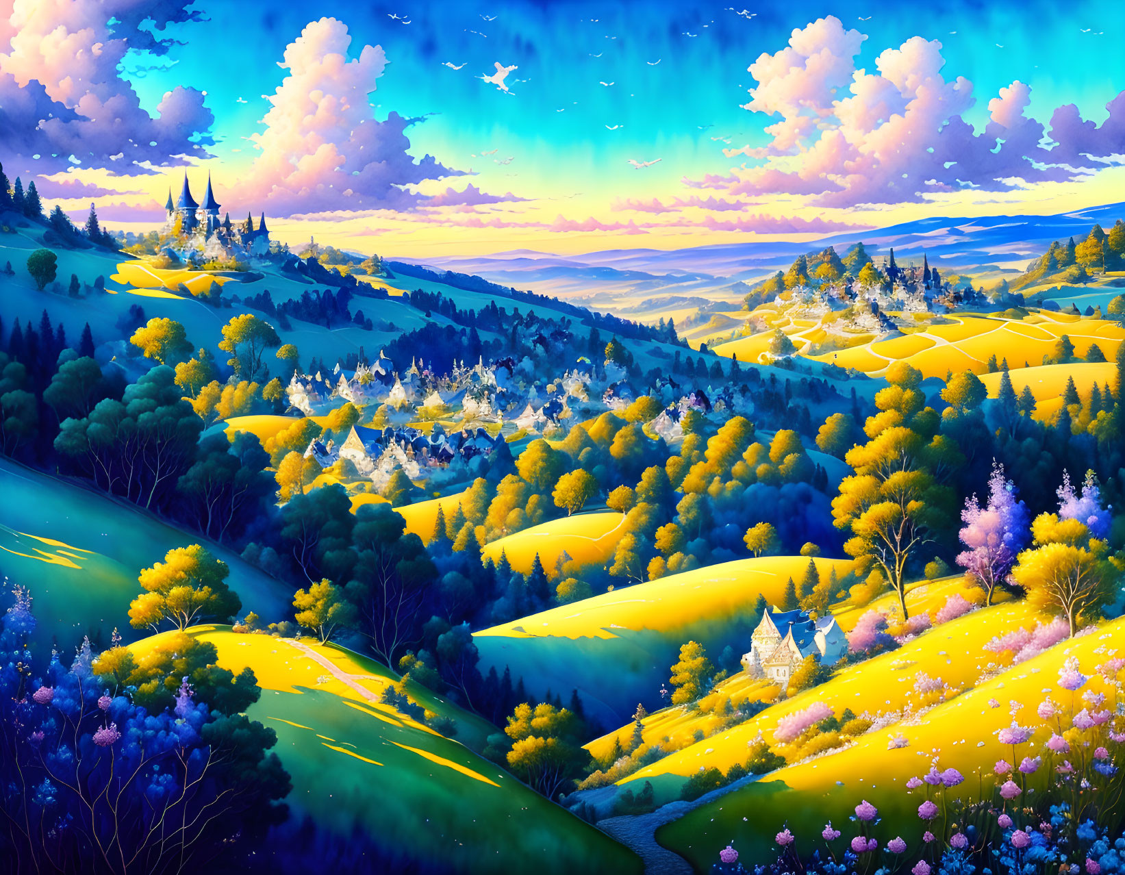 Colorful landscape with hills, village, castles, twilight sky