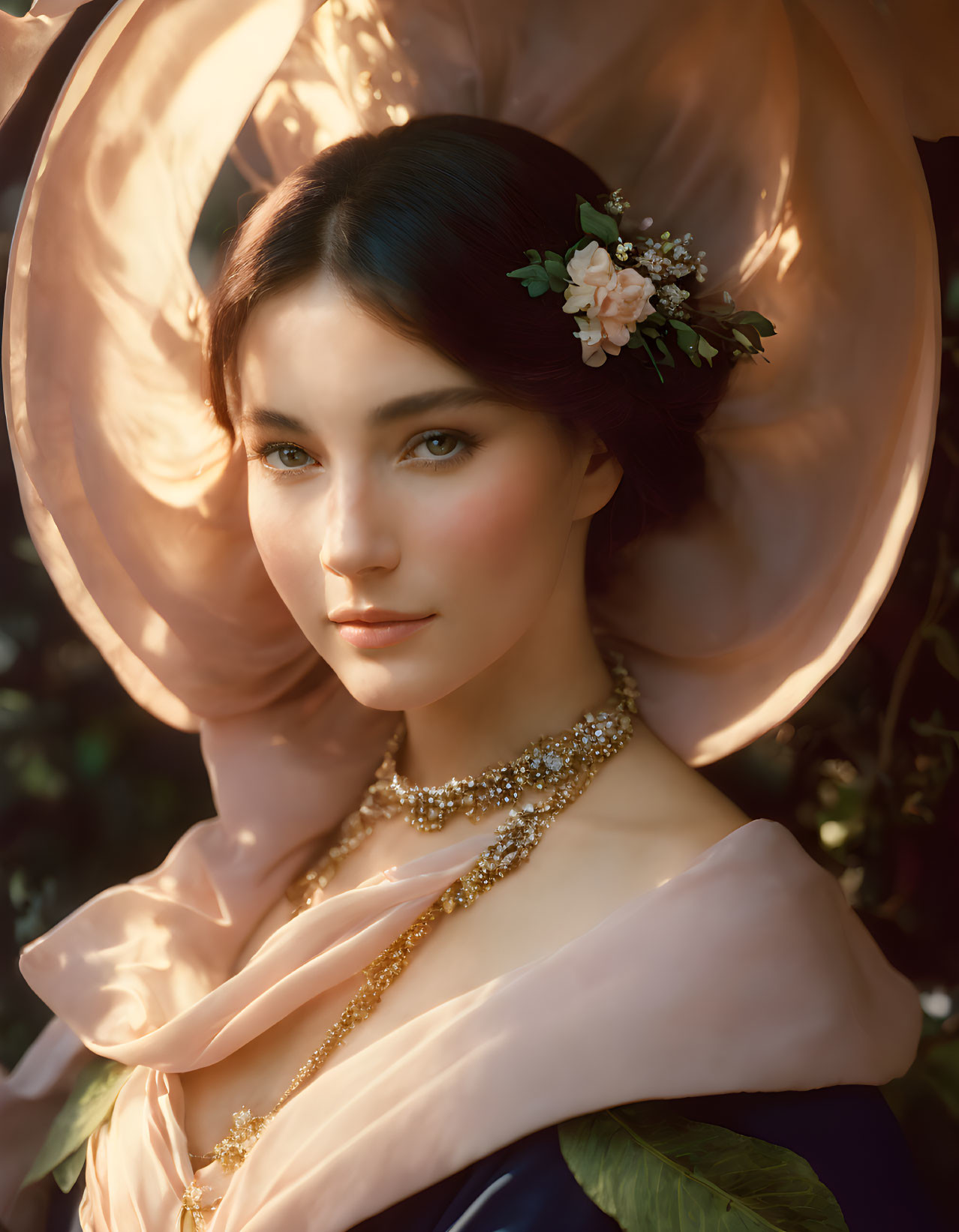 Woman in Peach Outfit with Floral Hairpiece and Golden Necklace in Sunlit Setting