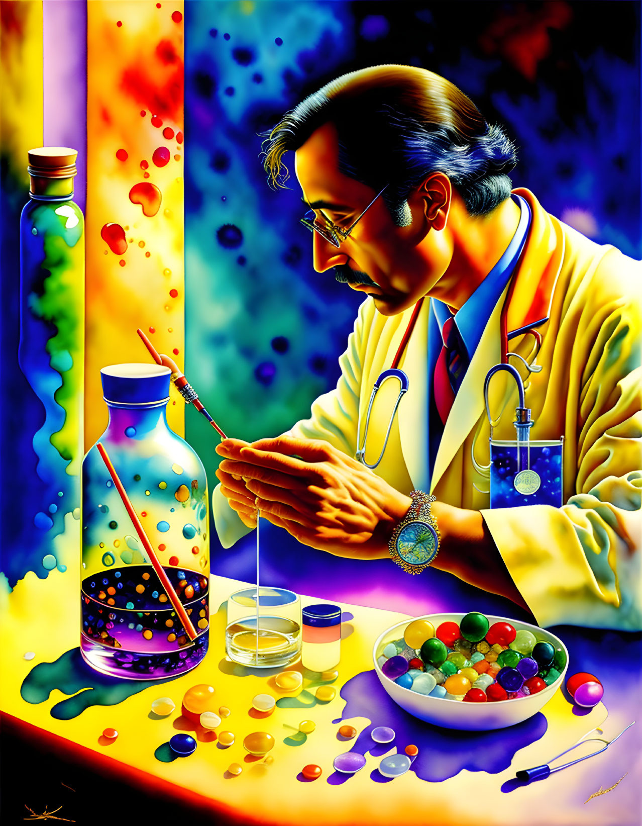 Colorful Scientist in Lab Coat Examining Capsule with Abstract Background