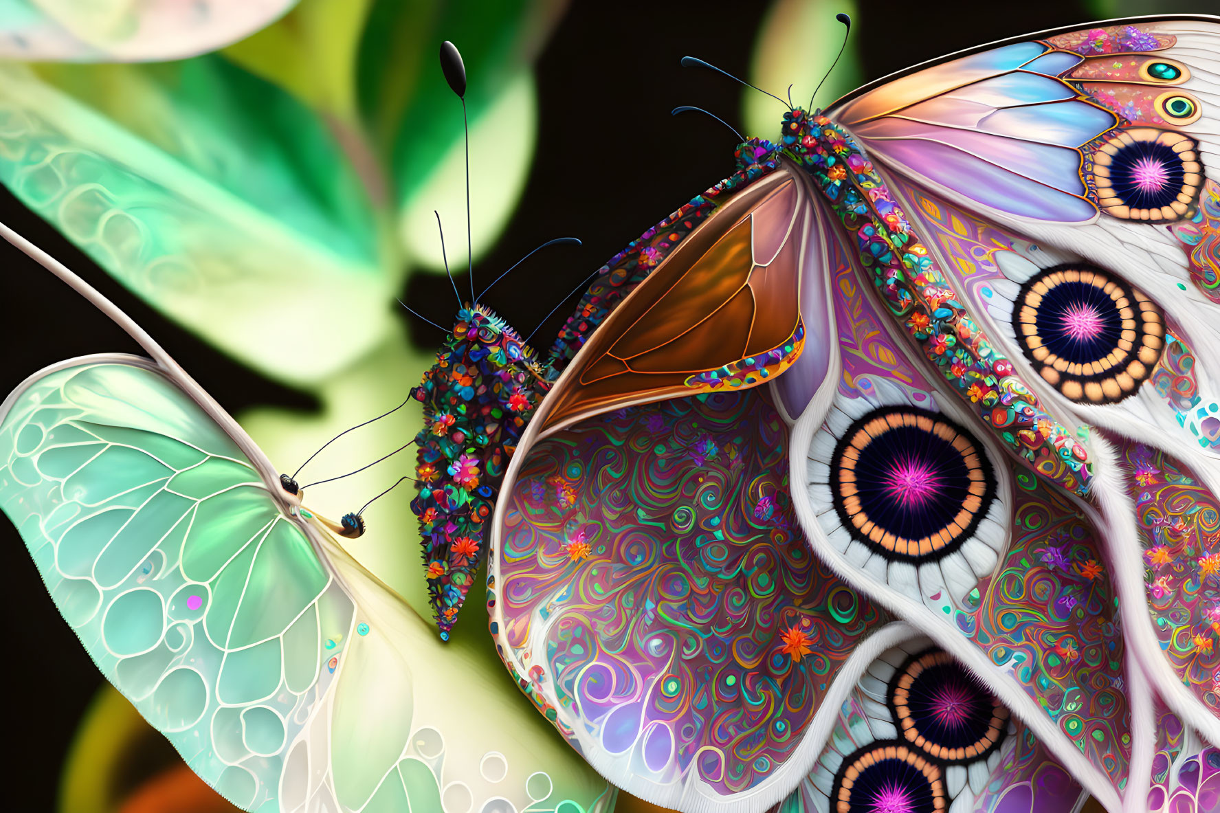 Colorful Butterflies with Stained Glass Wing Patterns on Plant