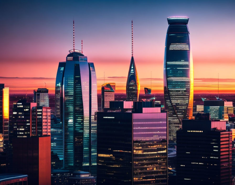 Modern skyscrapers silhouetted against vibrant sunset colors