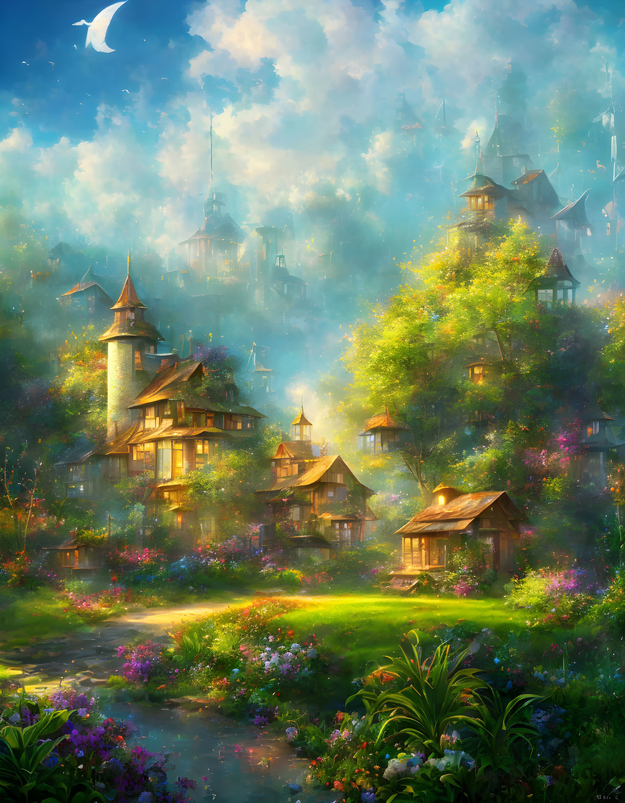 Fantastical village with rustic houses and lush greenery